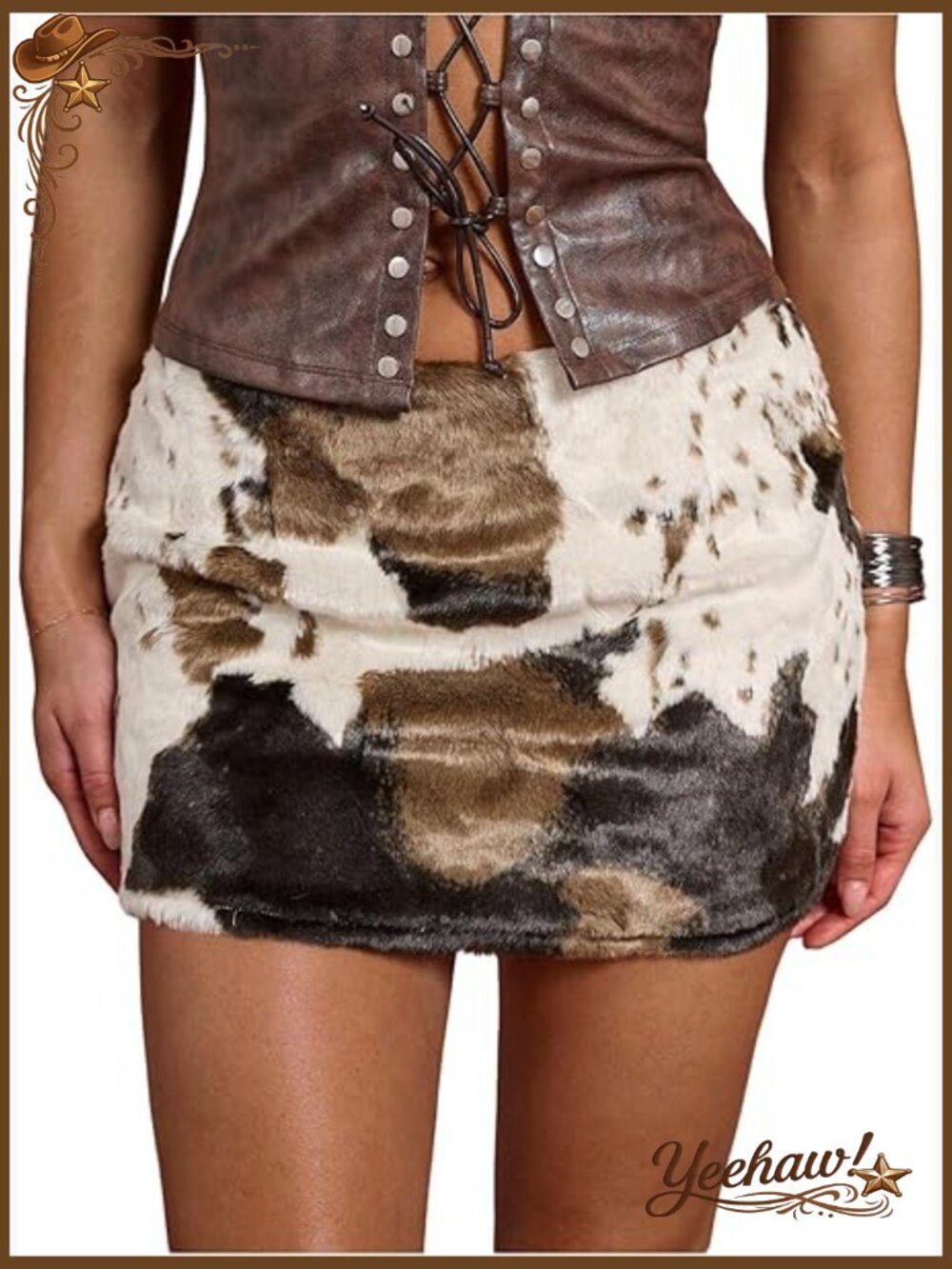 Faux Fur Cow Print Mini Skirt Fuzzy Low Waist Bodycon Party Skirt - Picture 1 of 5